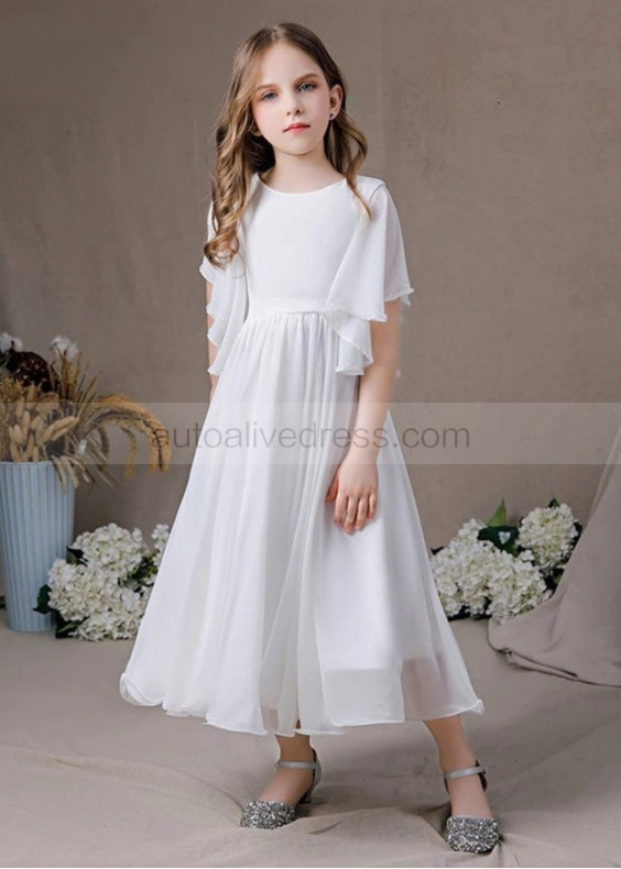 Beaded Flutter Sleeves White Chiffon Flower Girl Dress